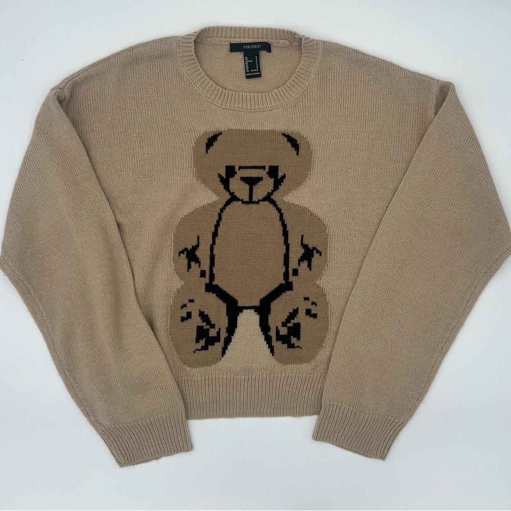 Forever 21 Beige Pullover Sweater with Teddy Bear Design Sz S